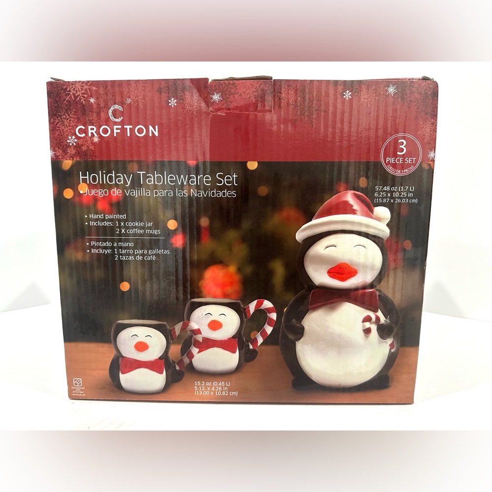 Crofton Holiday Christmas Tableware Set Cookie Jar & Coffee Mugs Penguins Nice!